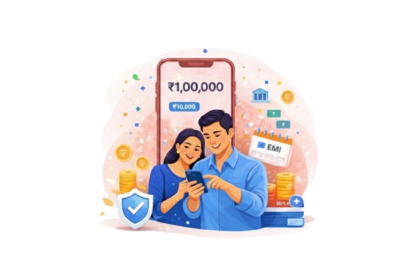 Happy Indian couple checking loan approval of ₹1,00,000 on smartphone with EMI calendar, coins, and security shield
